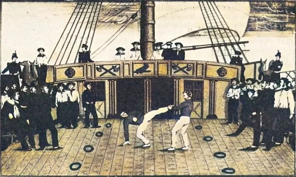 Marinheiros franceses a praticar savate num navio (ilustração de 1847, colorida).