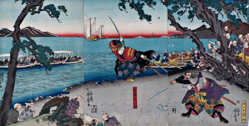 O duelo de Ganryūjima numa estampa ukiyo-e do período Edo.