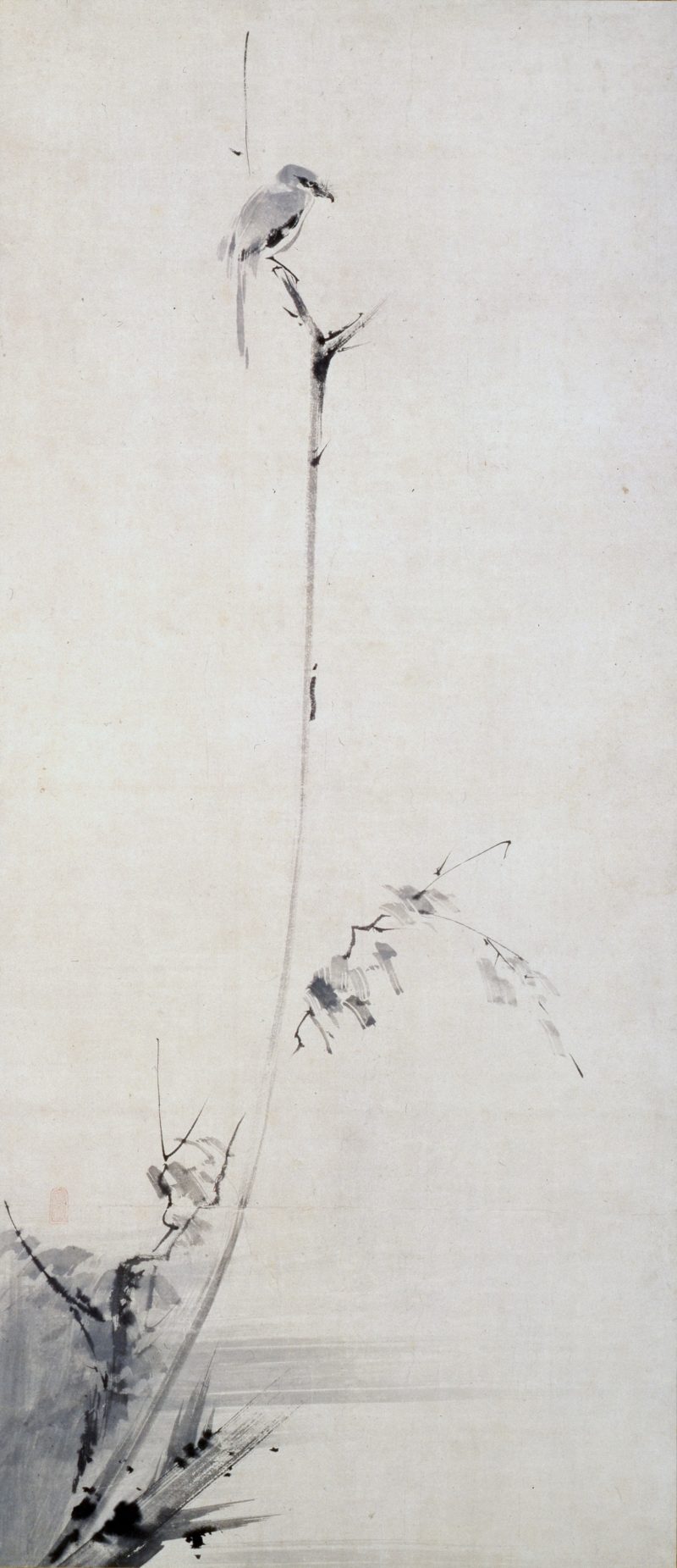 «Picanço numa árvore seca», pintura a tinta atribuída a Musashi.