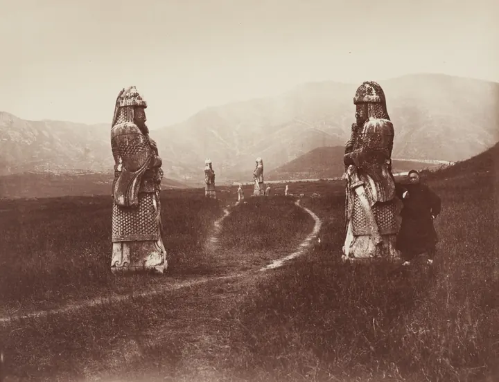 Stone guardian figures at the Ming tombs near Nanjing, photographed around 1870