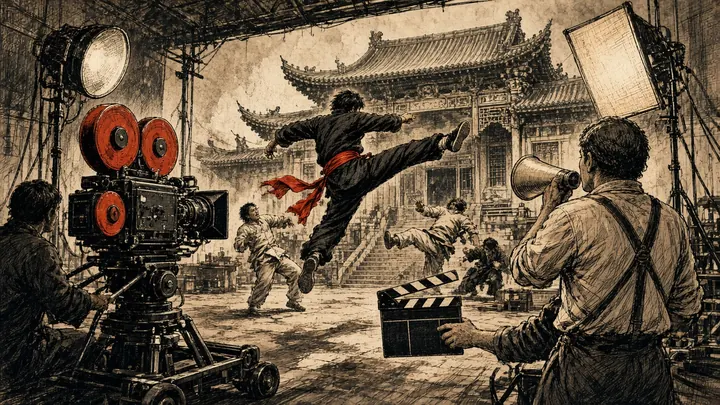 El rodaje de una película de kung fu en un estudio de Hong Kong de los 70